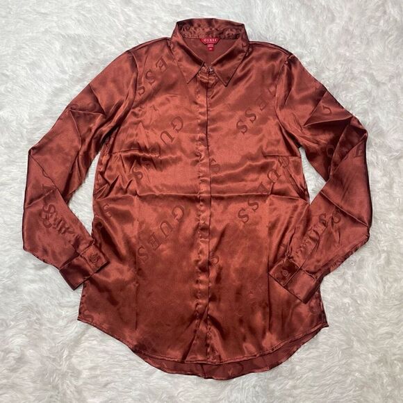 Guess Satin Logo Bronze Brown Blouse Long Sleeve Button Up Size XS Classic Elega - Picture 1 of 11